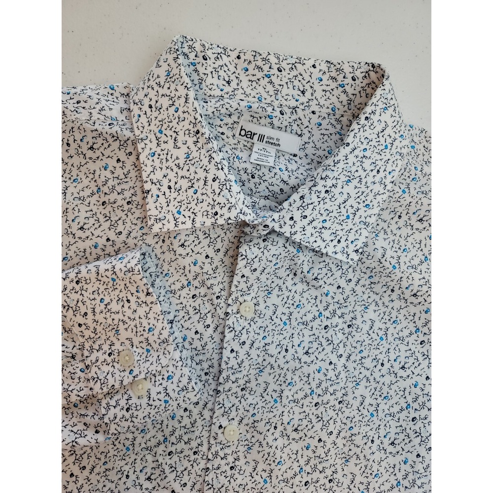 Bar III Mens XL‎ Slim Fit Stretch LS White/Blue Geometric Button Up Shirt
